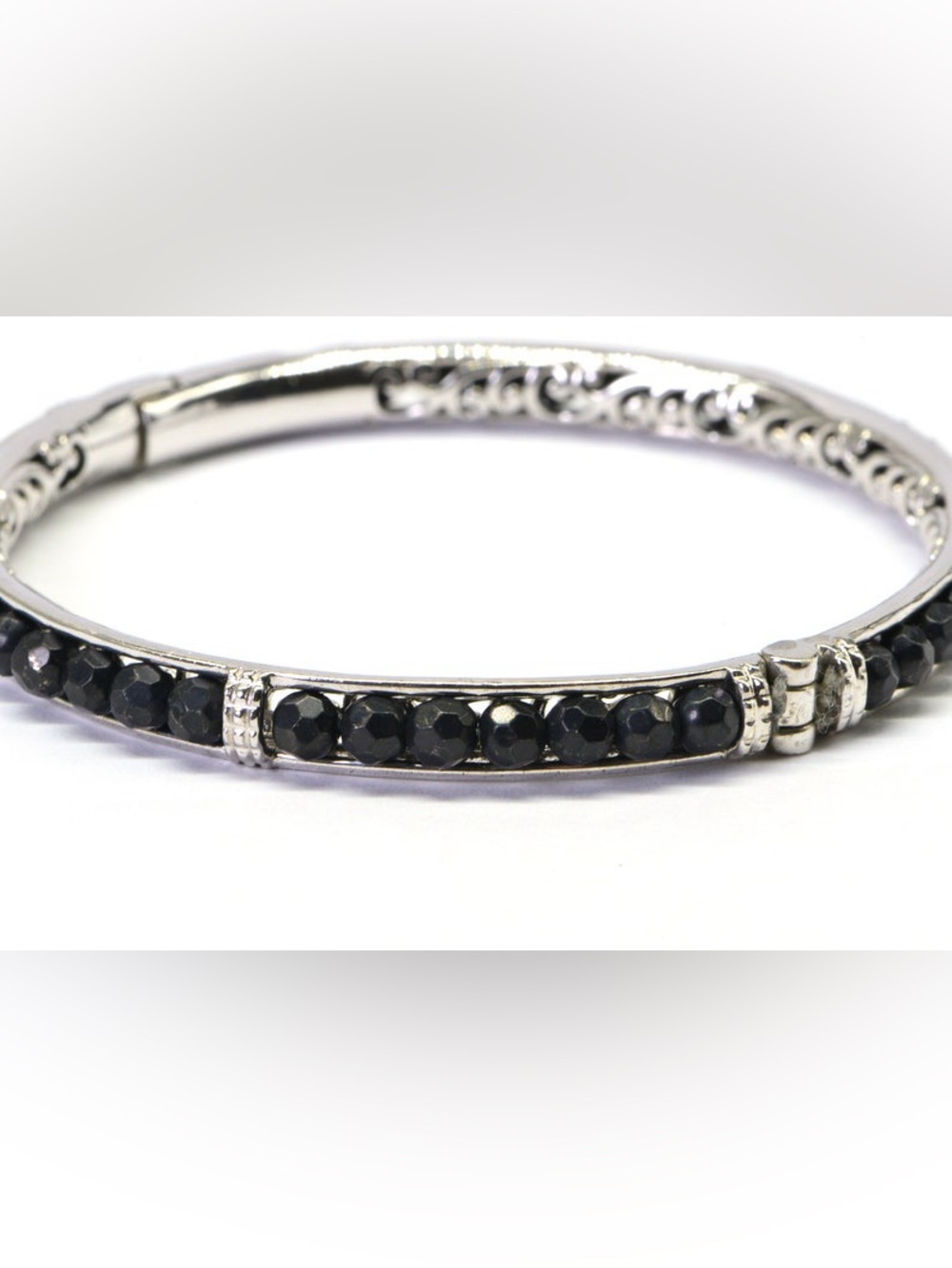 Black Onyx Beaded Bangle Bracelet Filigree Hoop Sterling Silver Cuff Bracelet